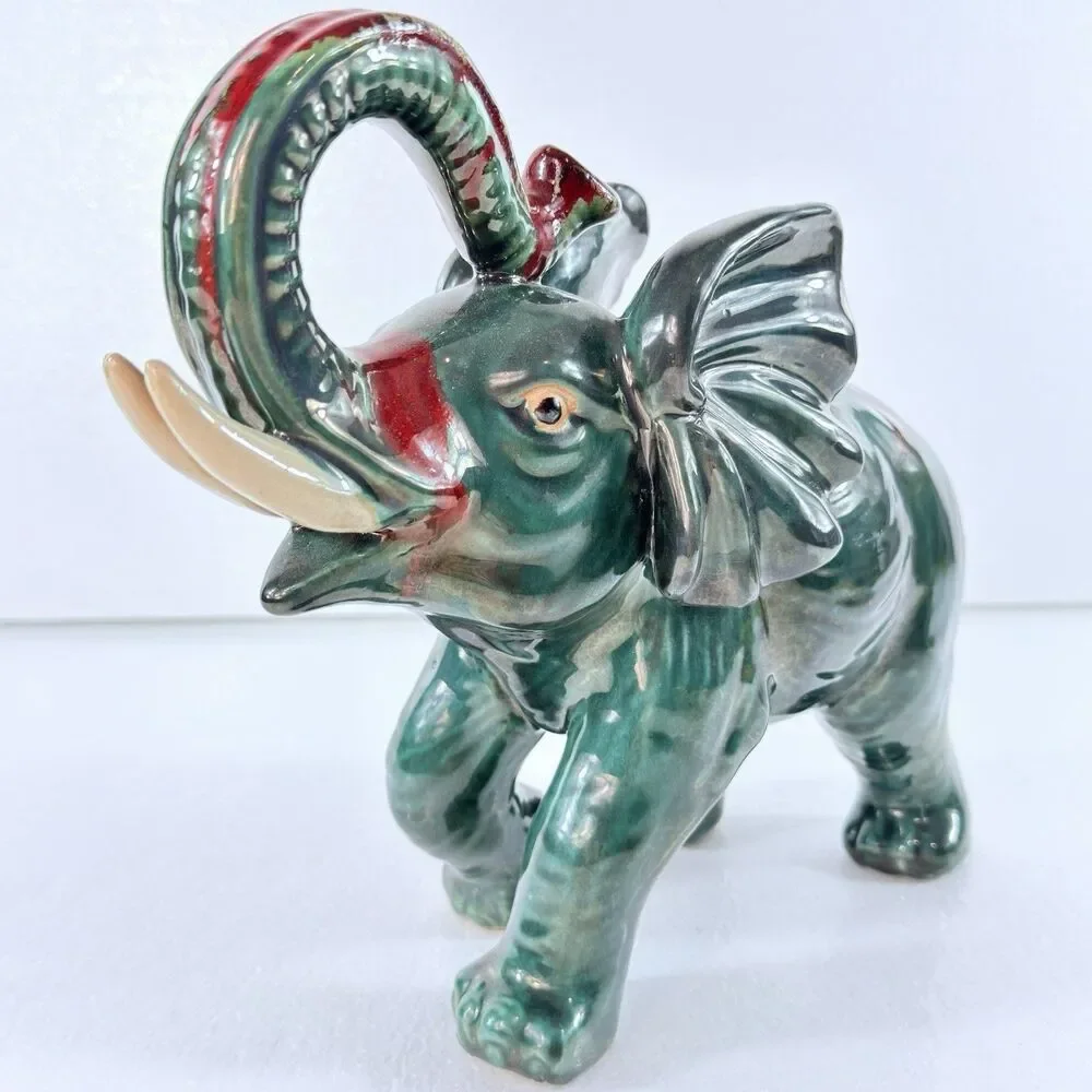 Vtg 1950's Ceramic Art Pottery Elephant Figurine Lucky Trunk Up Green Red Glaze